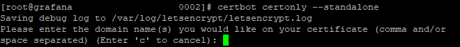Certbot asking for the domain name(s) to put on the certificate.