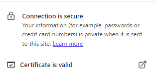 The browser reporting "Connection is secure" and "Certificate is valid".