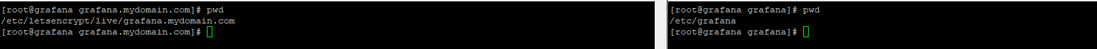 Two terminals side by side: one in /etc/letsencrypt/live/grafana.mydomain.com, the other in /etc/grafana.