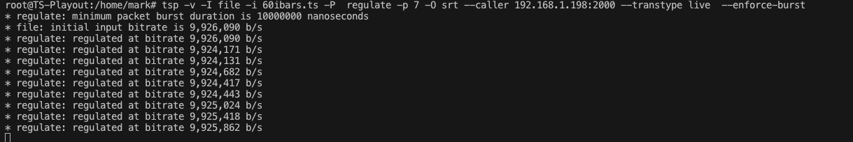 Terminal output: tsp regulating the stream at about 9.92 Mb/s over SRT.